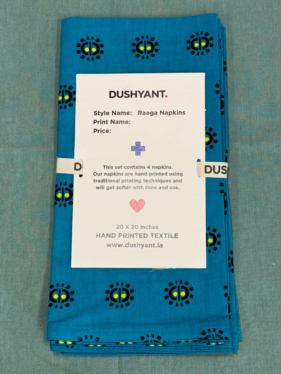 Raaga Napkins - Emerald Blue Motif - Hand Printed - Set of 4