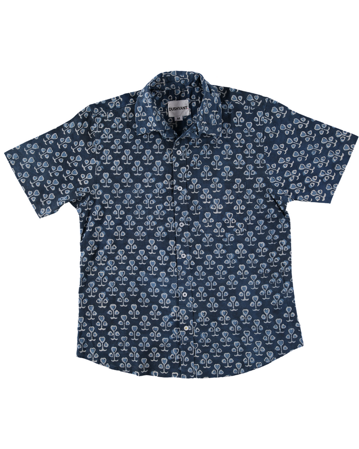 Hand Block Printed 'The Folk' Shirt in Indigo Spades