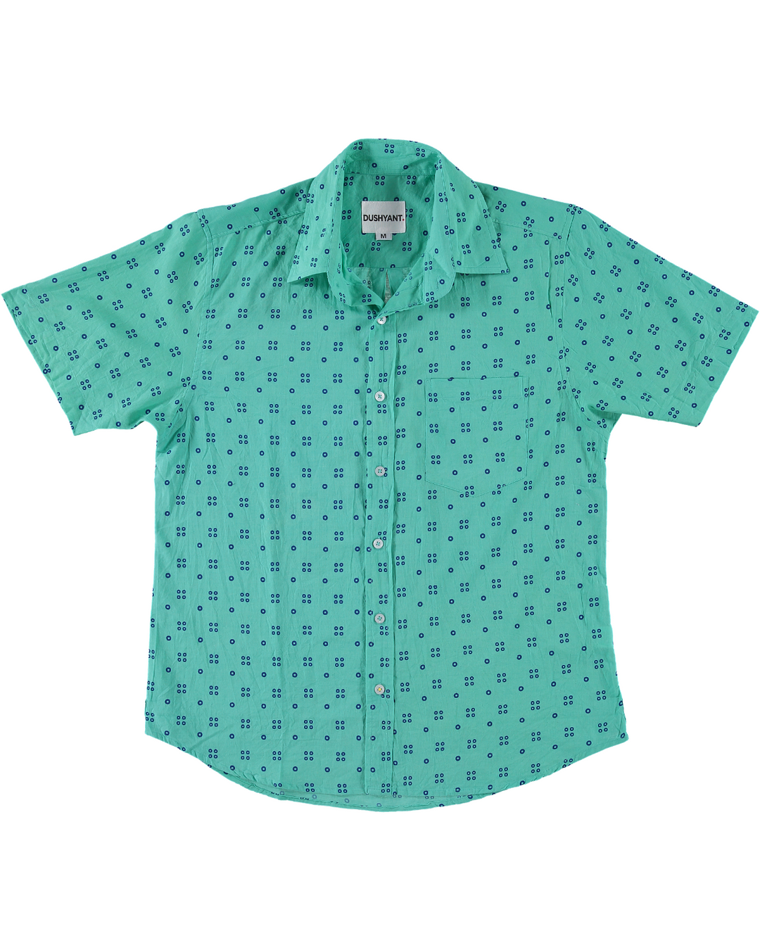 Hand Printed 'The Folk' Short Sleeve Shirt in Navy and Mint Dots
