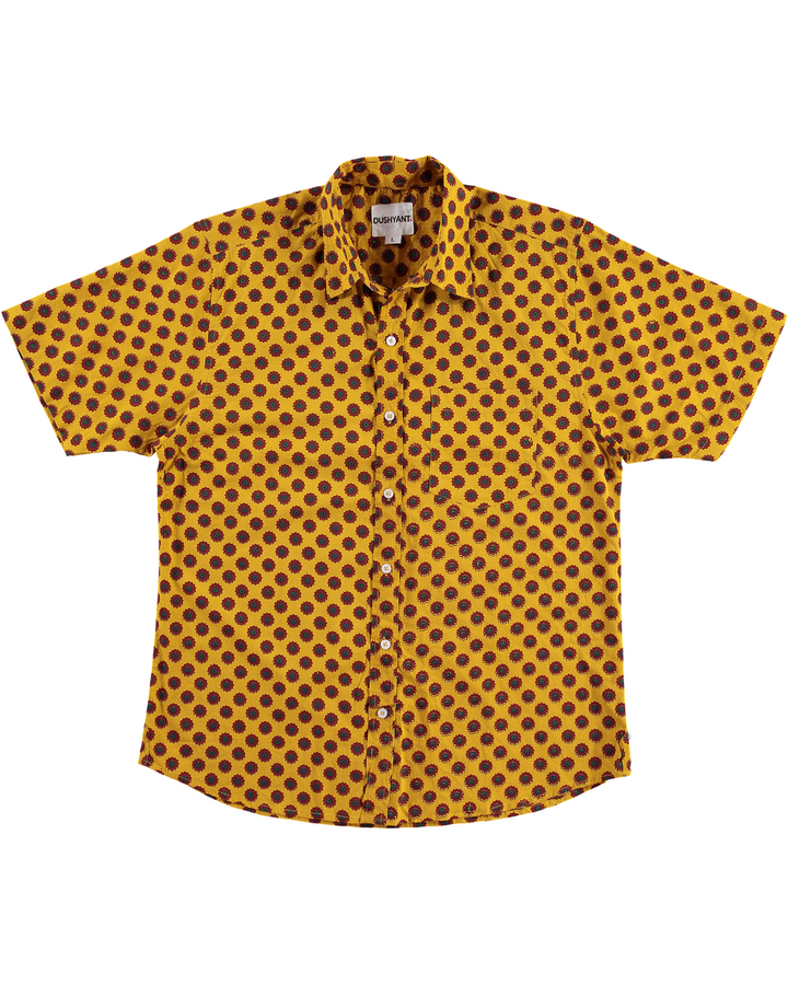 Hand Printed 'The Folk' Short Sleeve Shirt in Mustard and Red