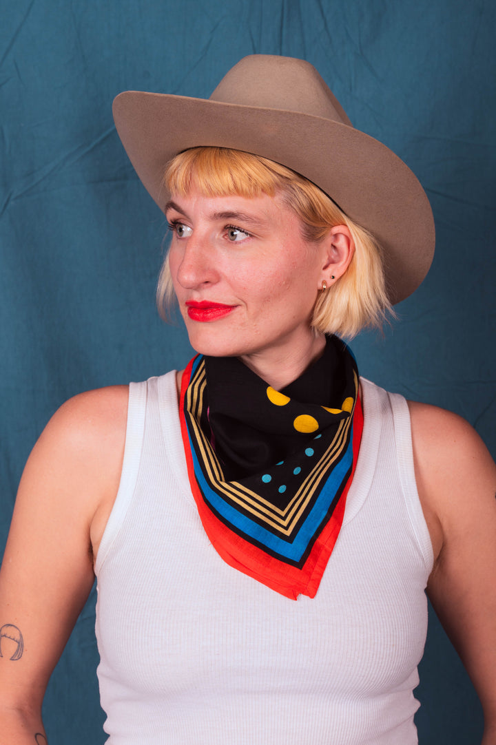 Archie Bandana No. 32 - Red, Yellow, Blue and Green Dots and Horseshoe on Black