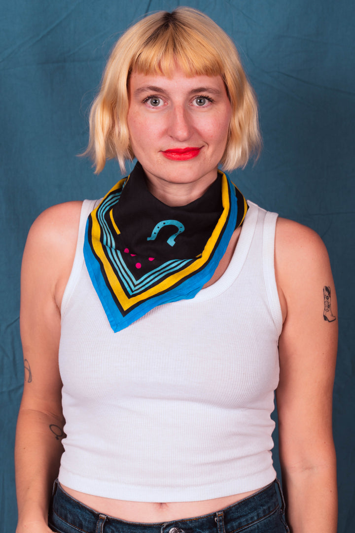 Archie Bandana No. 31 - Blue and Pink Dots and Horseshoe on Black and Blue