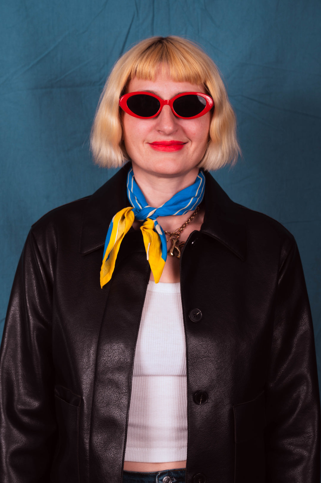 Archie Bandana No. 20 - Dots and Squares on Blue and Yellow