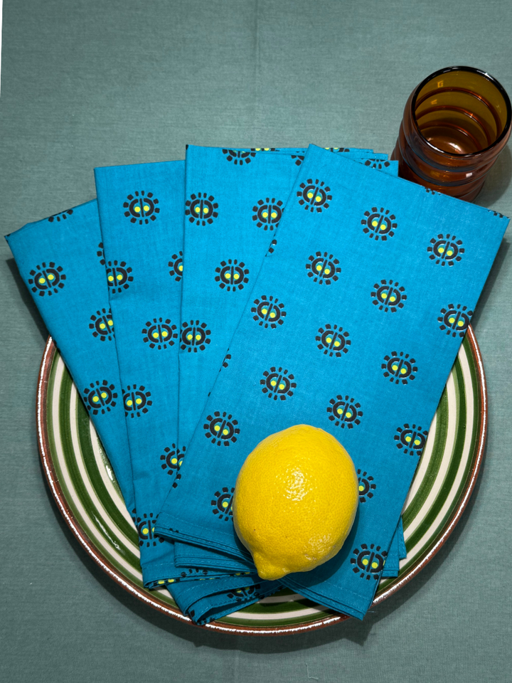 Raaga Napkins - Emerald Blue Motif - Hand Printed - Set of 4