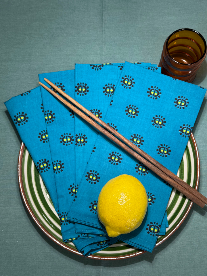 Raaga Napkins - Emerald Blue Motif - Hand Printed - Set of 4