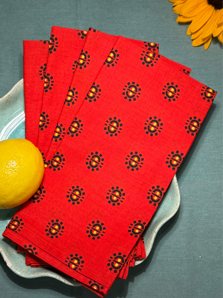 Raaga Napkins - Tomato Red Motif - Hand Printed - Set of 4