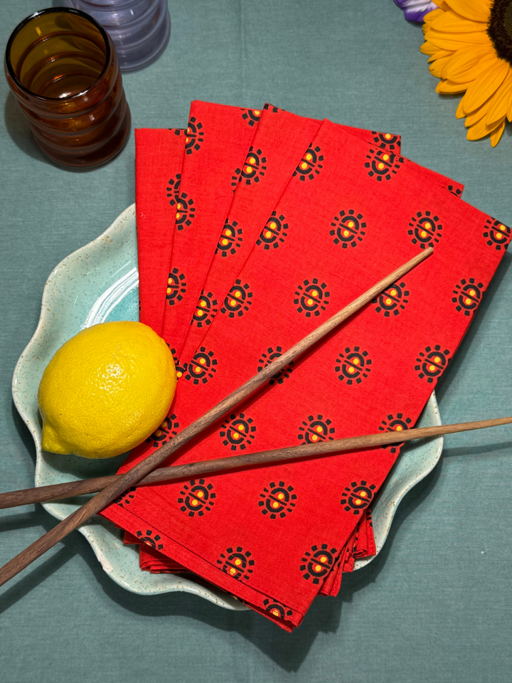 Raaga Napkins - Tomato Red Motif - Hand Printed - Set of 4
