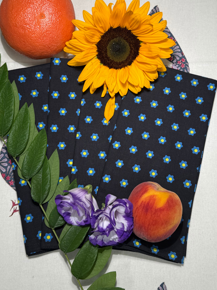 Raaga Napkins - Black and Blue Flower - Hand Printed - Set of 4