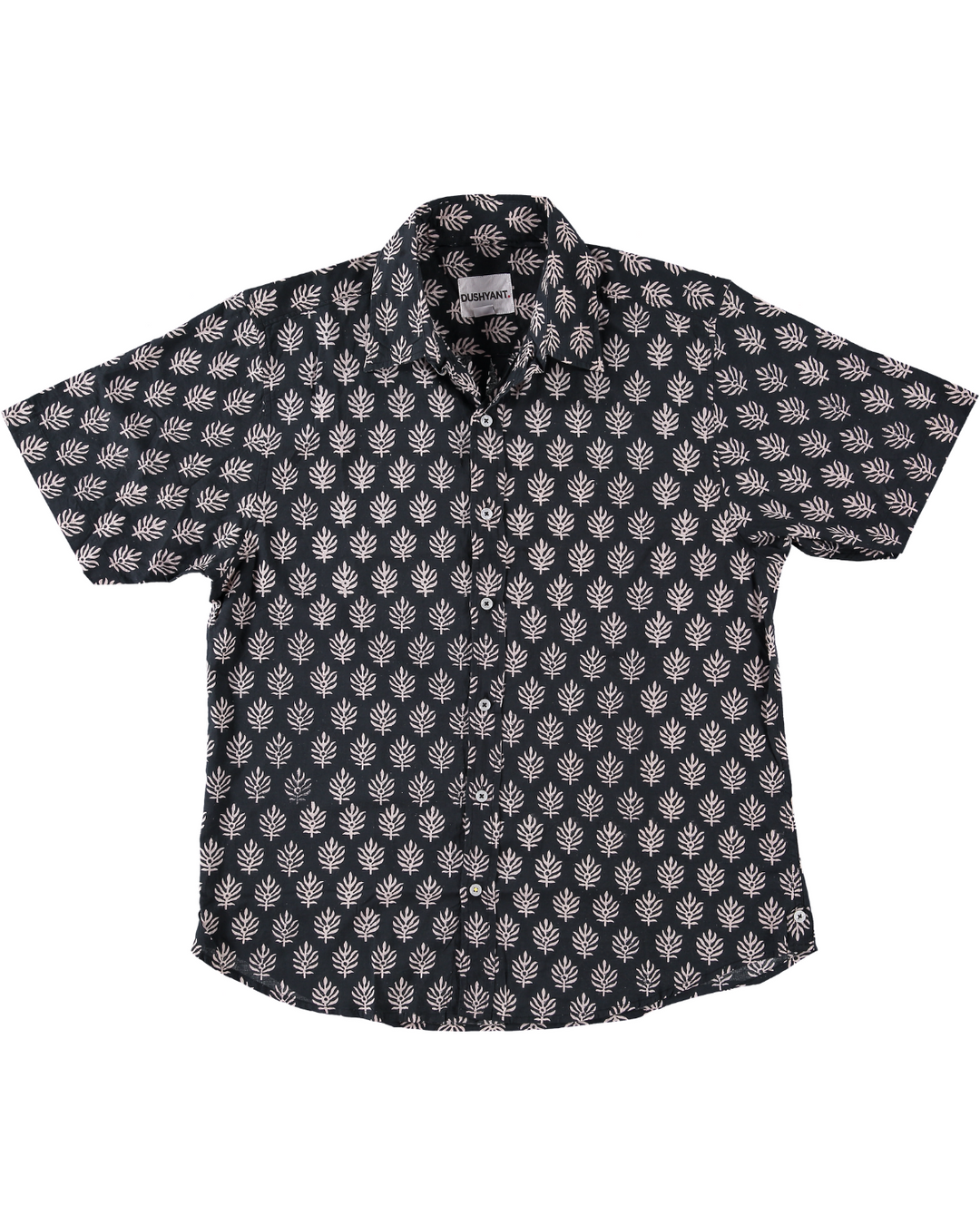 Hand Block Printed 'The Sheril' Short Sleeve Shirt in Black and White Leaf