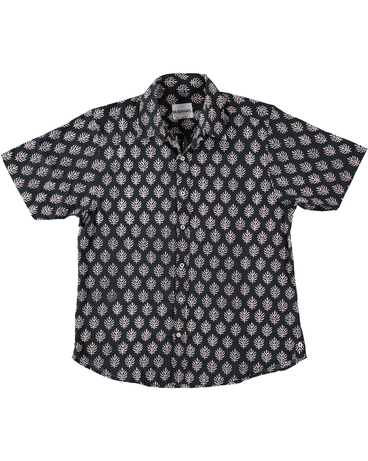 Hand Block Printed 'The Sheril' Short Sleeve Shirt in Black and White Leaf