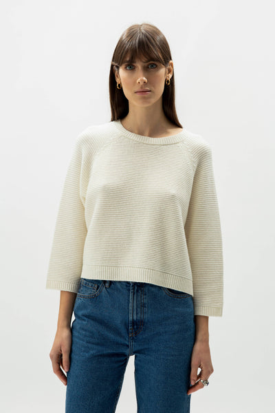 Cashmere Mix Cropped 3/4 Sleeve Pullover: L / Camel