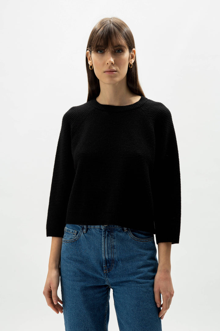 Cashmere Mix Cropped 3/4 Sleeve Pullover: L / Steel Grey