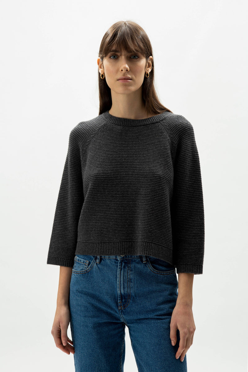 Cashmere Mix Cropped 3/4 Sleeve Pullover: L / Steel Grey